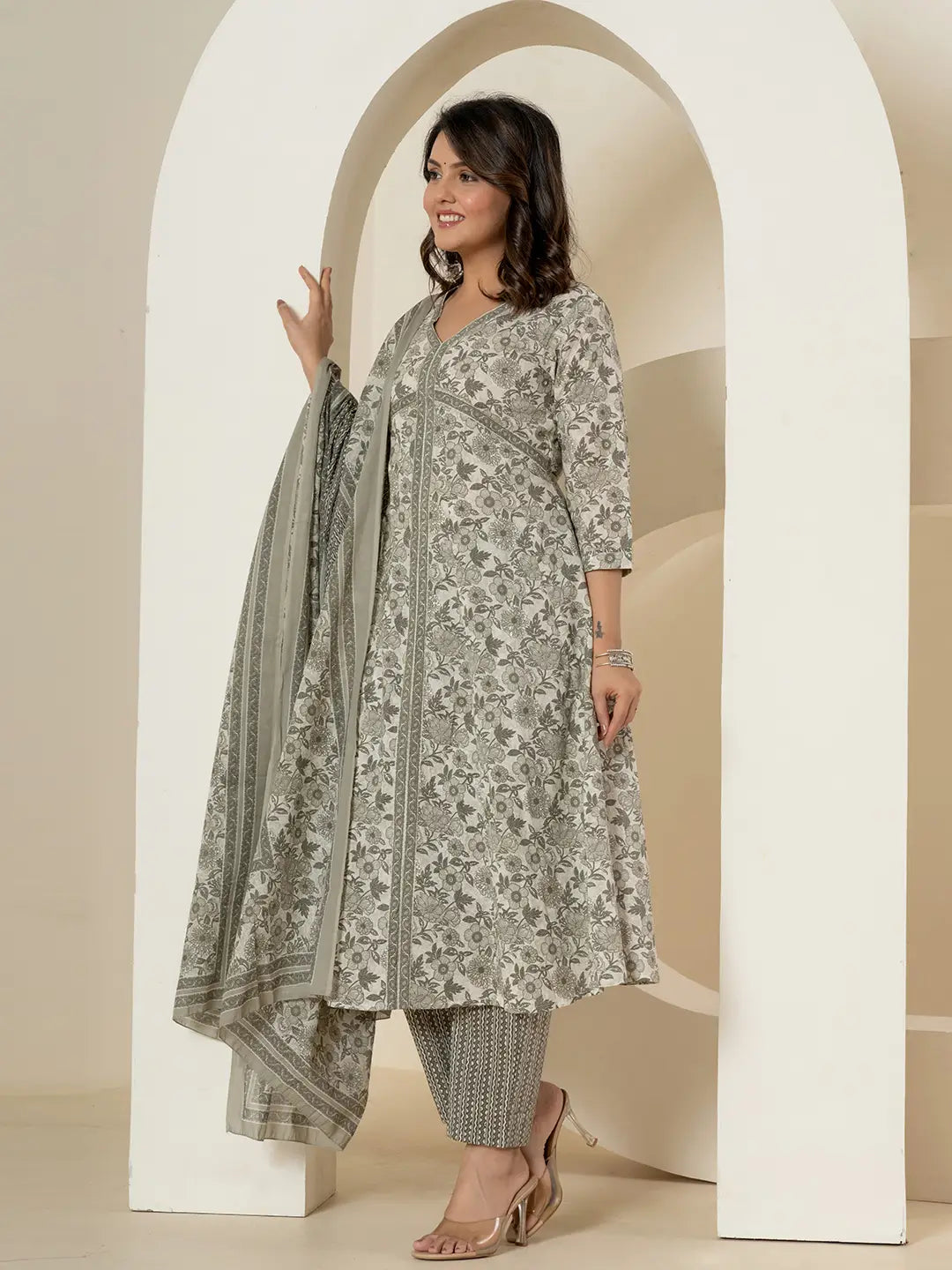 Yufta Grey Sequins_Work Pure Cotton Anarkali Kurta And Dupatta Set