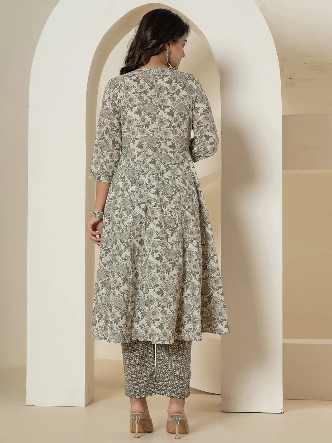 Yufta Grey Sequins_Work Pure Cotton Anarkali Kurta And Dupatta Set