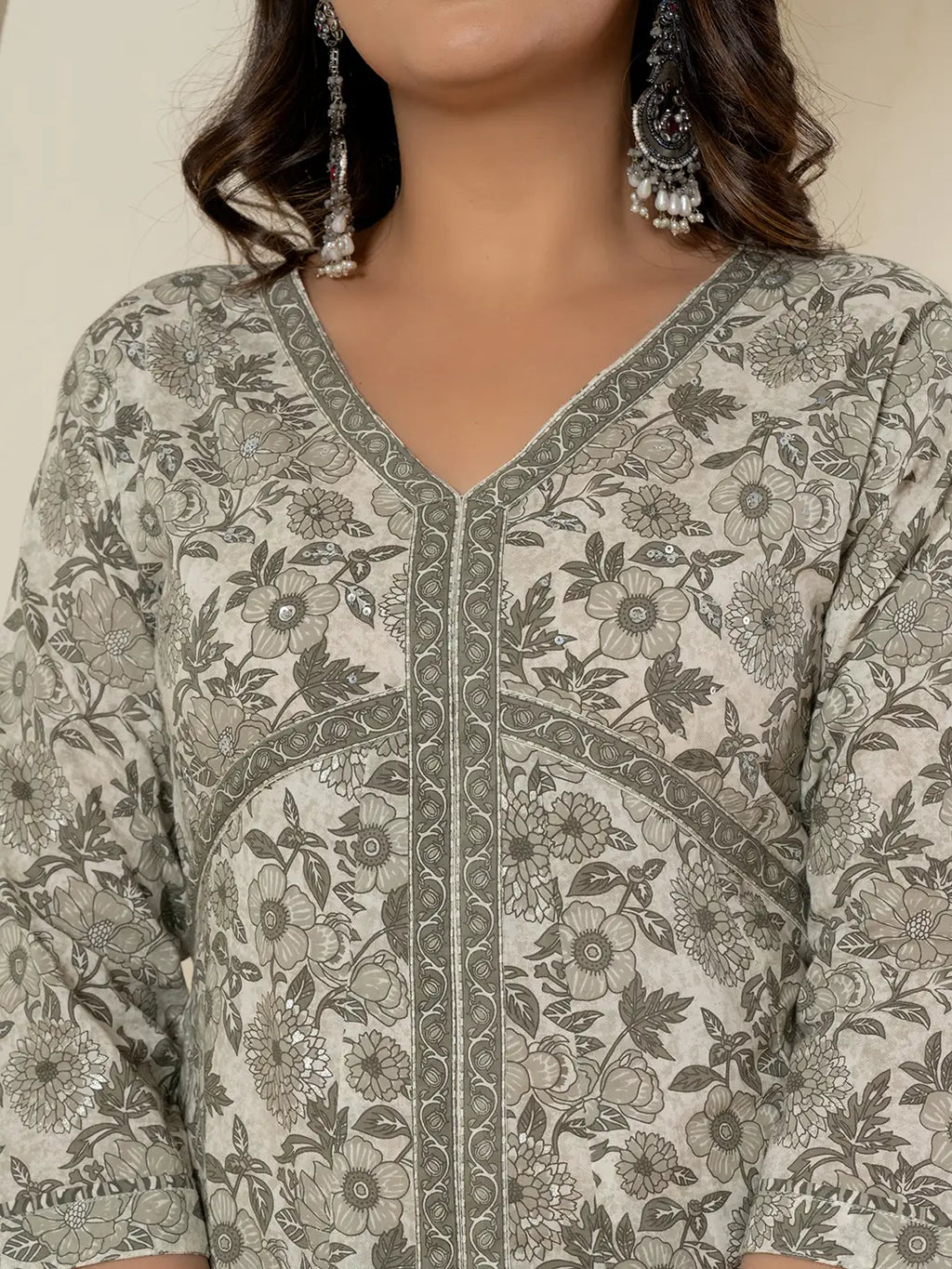 Yufta Grey Sequins_Work Pure Cotton Anarkali Kurta And Dupatta Set