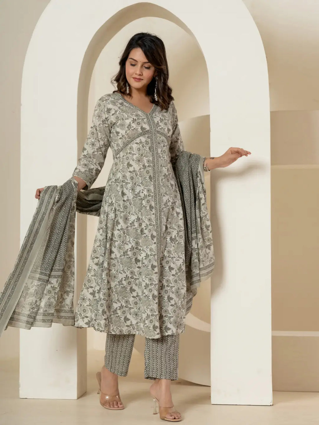 Yufta Grey Sequins_Work Pure Cotton Anarkali Kurta And Dupatta Set