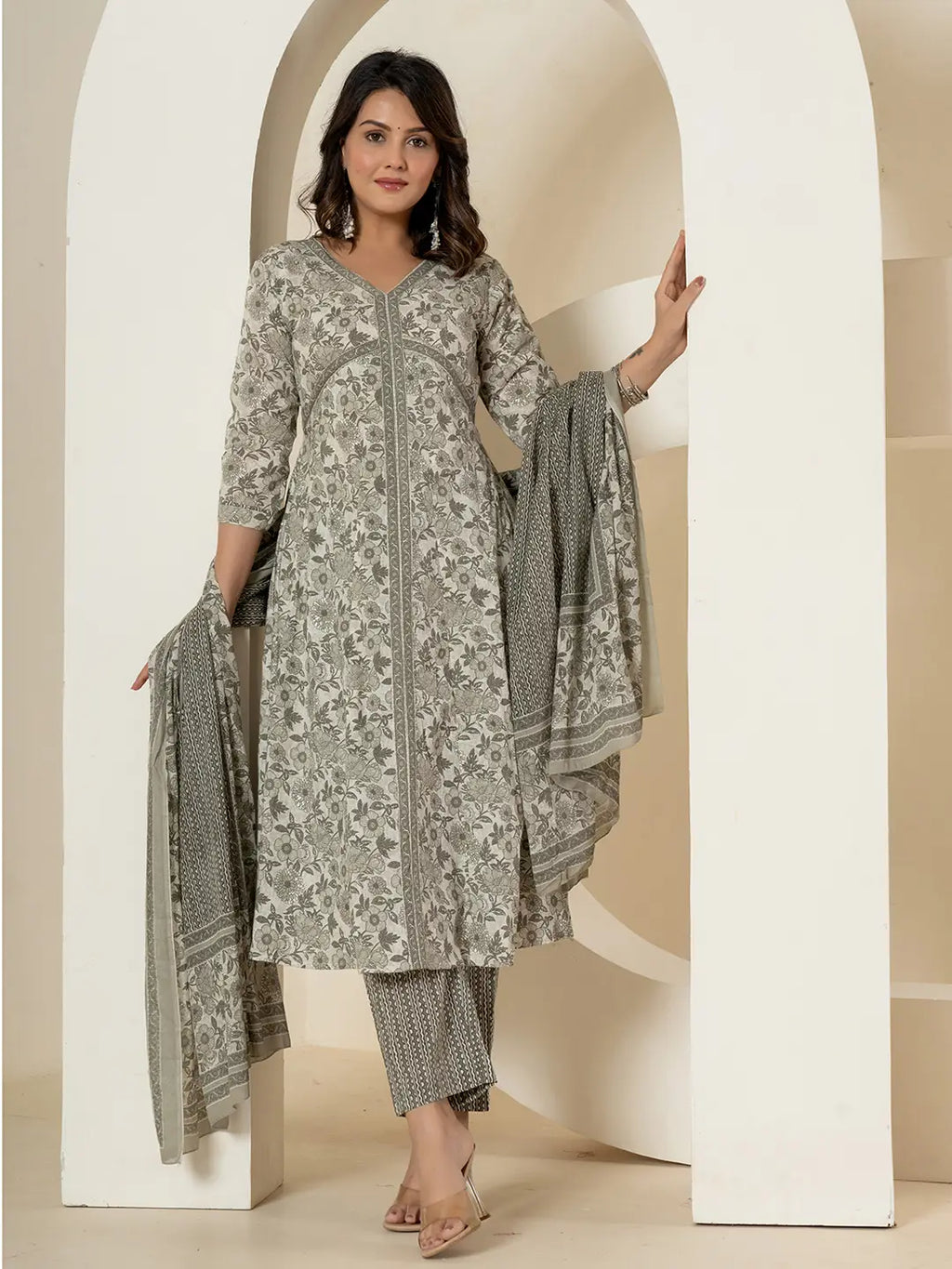 Yufta Grey Sequins_Work Pure Cotton Anarkali Kurta And Dupatta Set