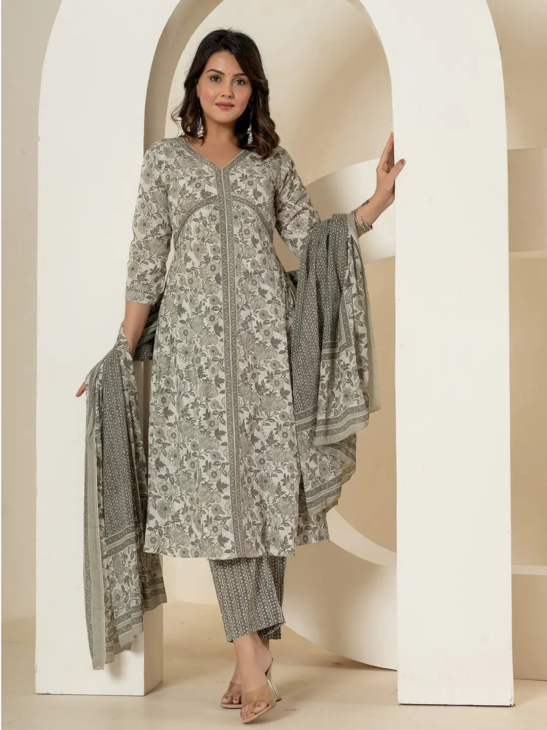 Yufta Grey Sequins_Work Pure Cotton Anarkali Kurta And Dupatta Set