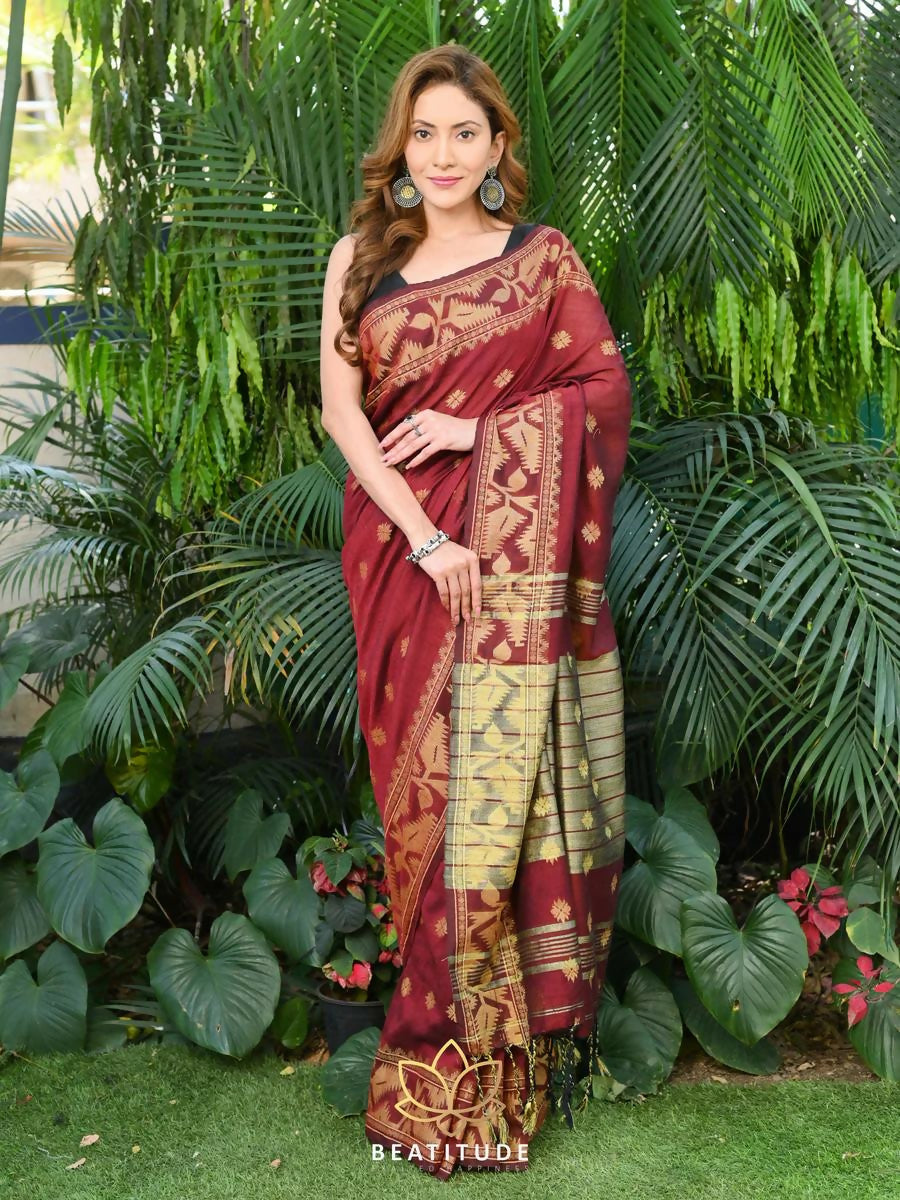 Exclusive Collection Beautiful Brown Pure Cotton Woven Handloom Saree With Running Blouse Piece