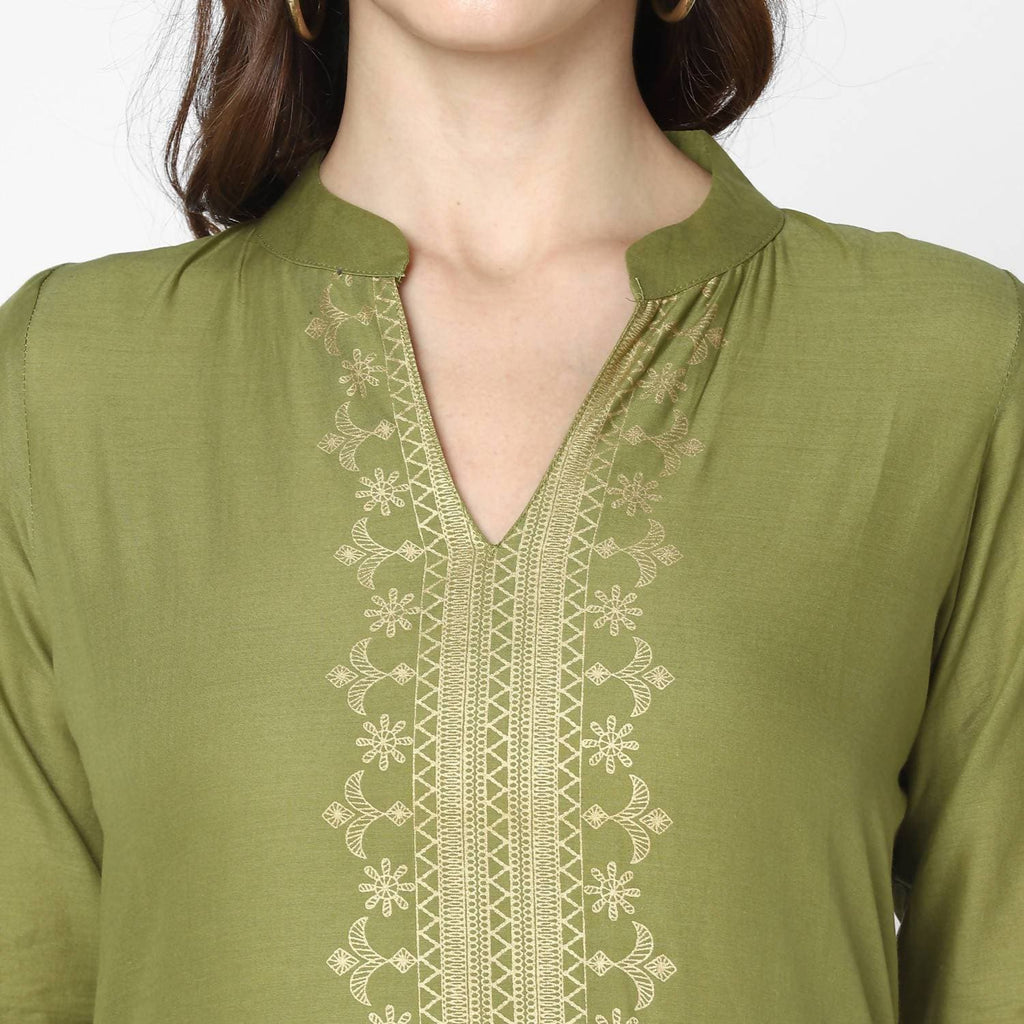 Cheera Hand Block Print Military Color Straight Kurta (MAAI-050K)