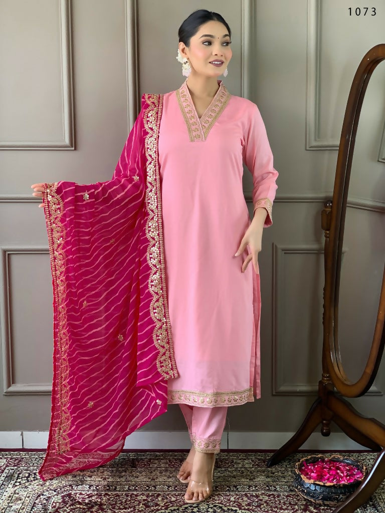 Partywear Designer Viscose Silk Blend Pink Stitched Suit With Dupatta - Tanisha