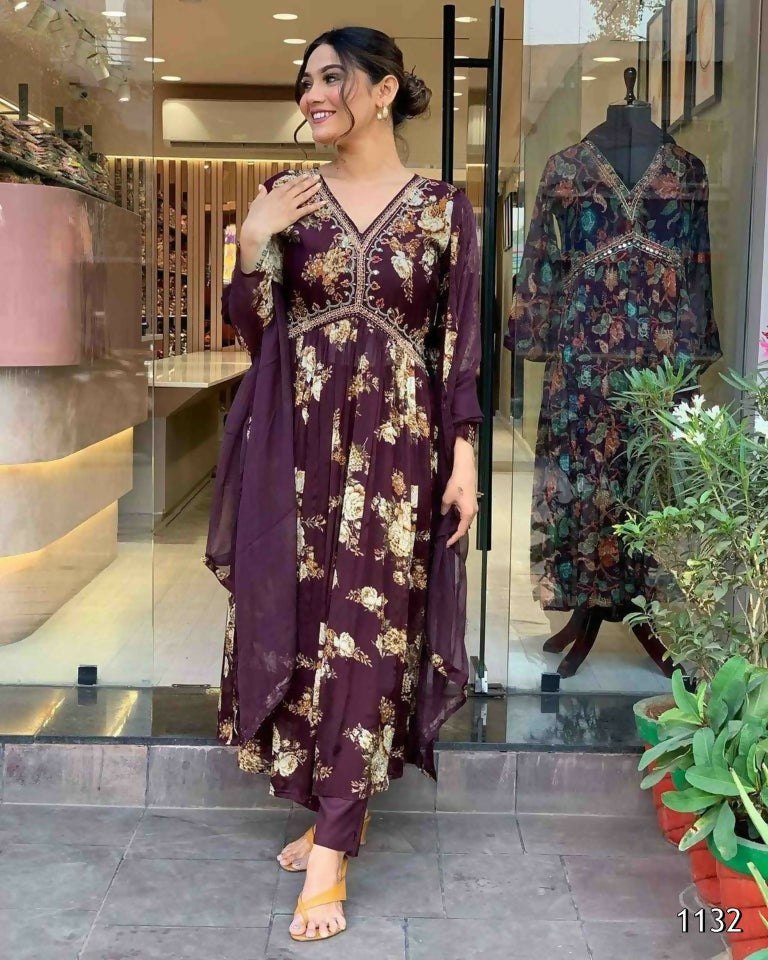 Ethnic Festive Wear Georgette Purple Stitched Suit With Dupatta - Tanisha