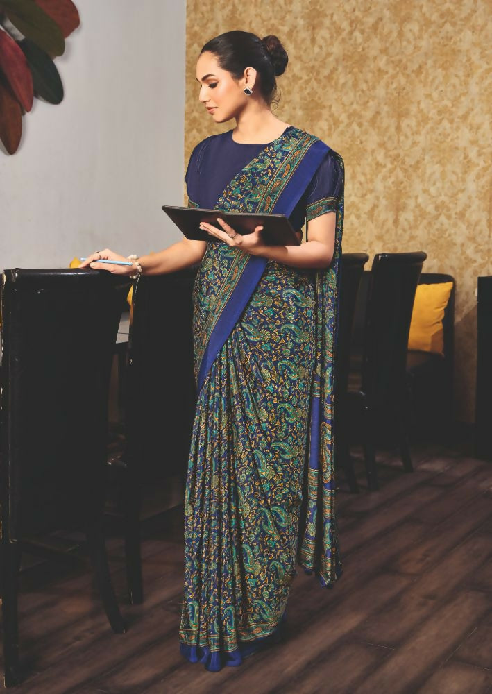 Joban Fashion Blue Crepe Silk with Traditional Print Saree