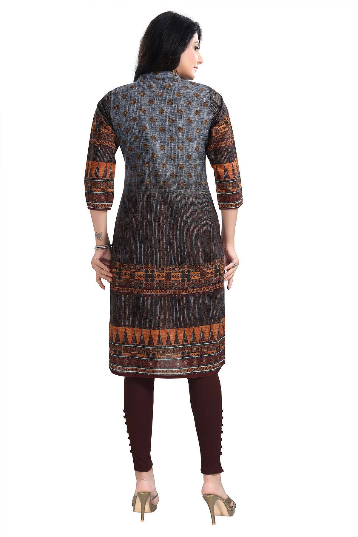 Snehal Creations Beautiful Brown Designer Print Cotton Slub Long Kurti Tunic