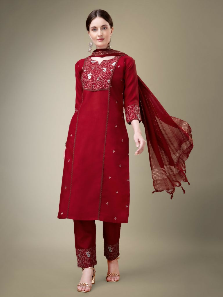 Jyoti Fashion Women's Maroon Cotton Blend Embroidery & Fancy Lace work Kurta with Trouser & Dupatta
