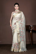 Morchari Beige Banarasi Tissue Computer Embroidery Saree Unstitched Blouse