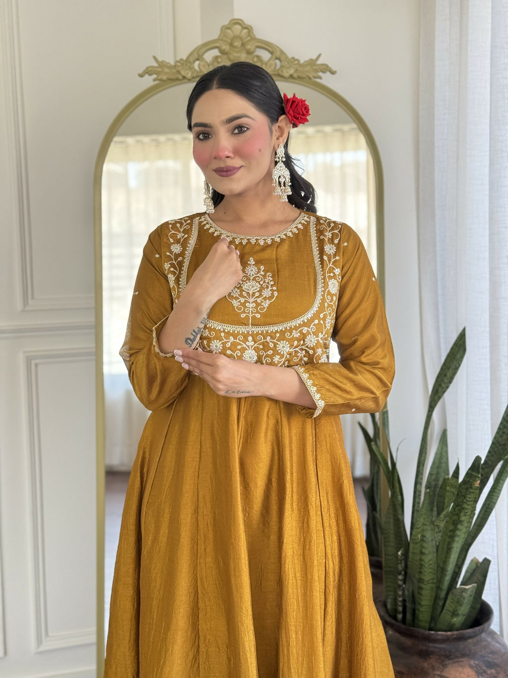 The52 Mustard Women's Gorgeous Embroidered Vichitra Silk Fabric Flared Kurta Pant with Dupatta Set
