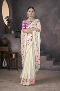 Vastranavya Off White Soft Crush Georgette Thread Embroidery work of Leaf Pattern with Patched Lace Border Saree