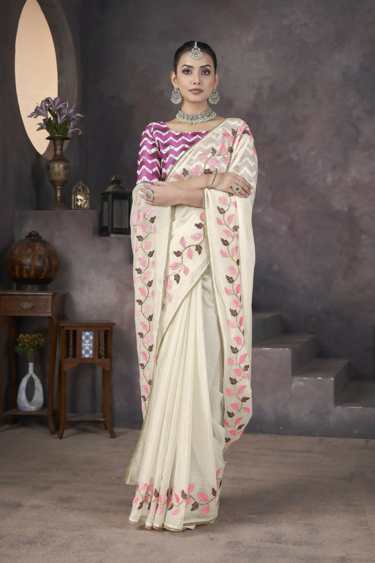 Vastranavya Off White Soft Crush Georgette Thread Embroidery work of Leaf Pattern with Patched Lace Border Saree