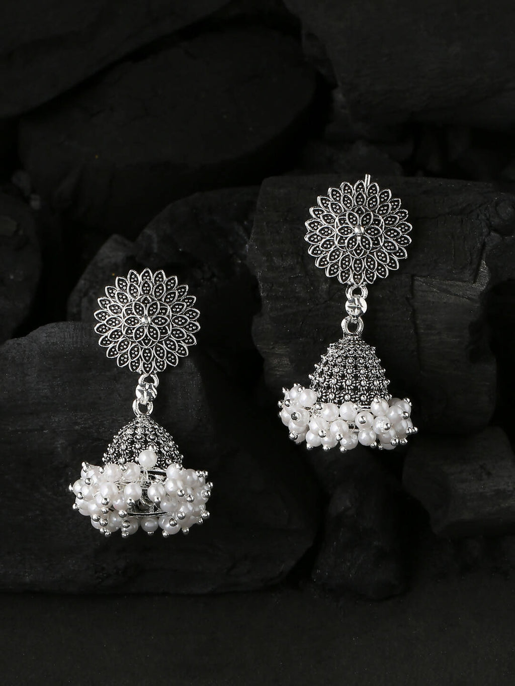 NVR Women Silver Toned Dome Shaped Jhumkas Earrings