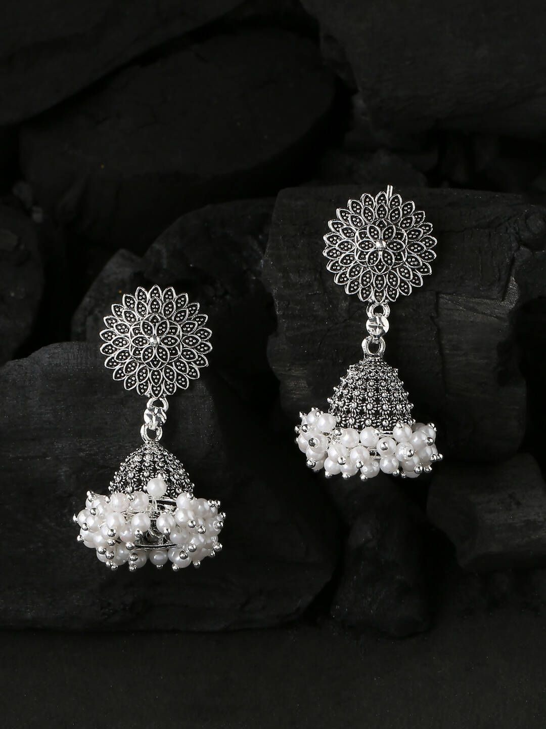 NVR Women Silver Toned Dome Shaped Jhumkas Earrings