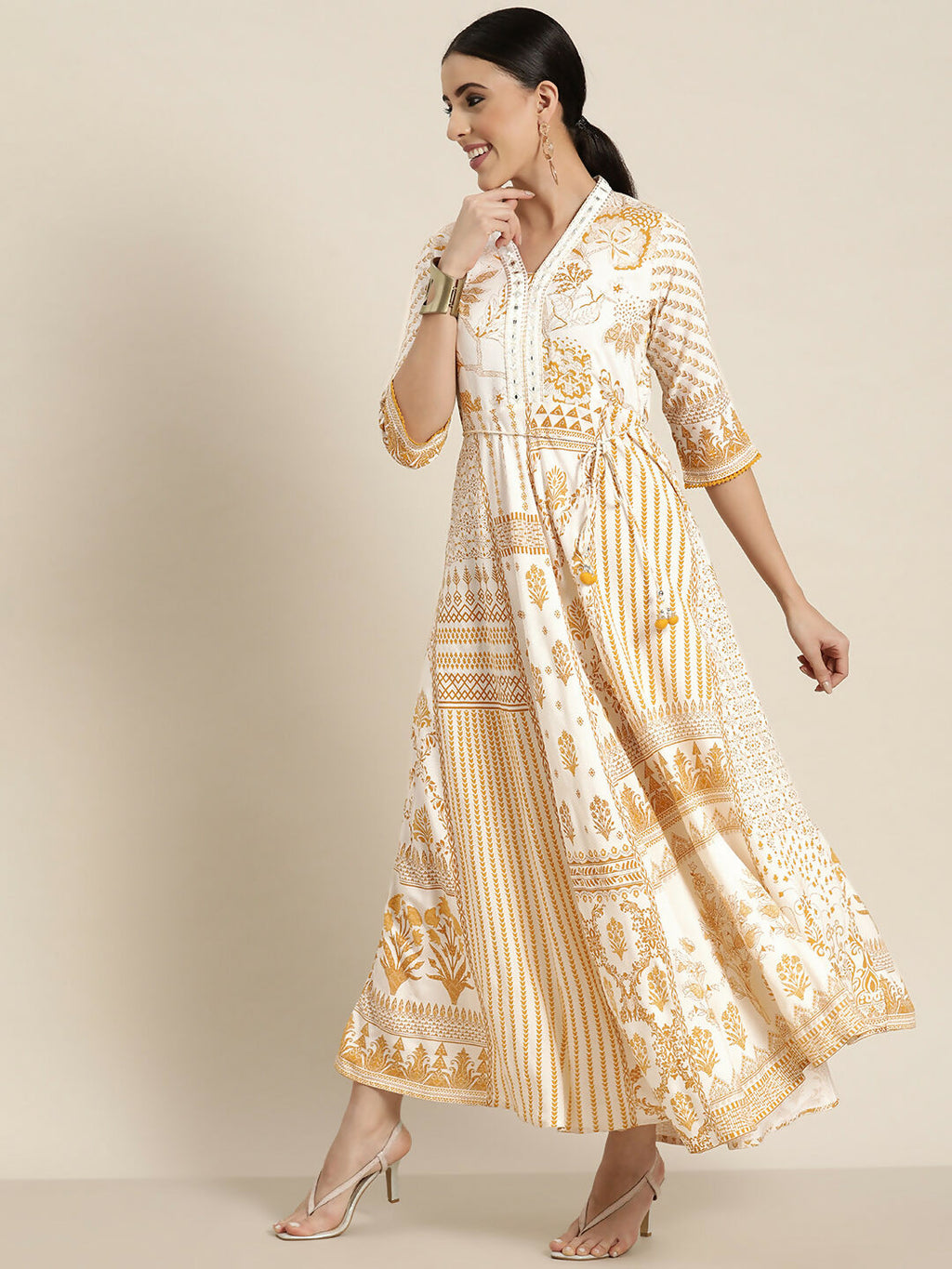 Juniper Mustard Printed Rayon Lacy Maxi Dress With Mirror Embroidered Neckline & Tassels At Waist