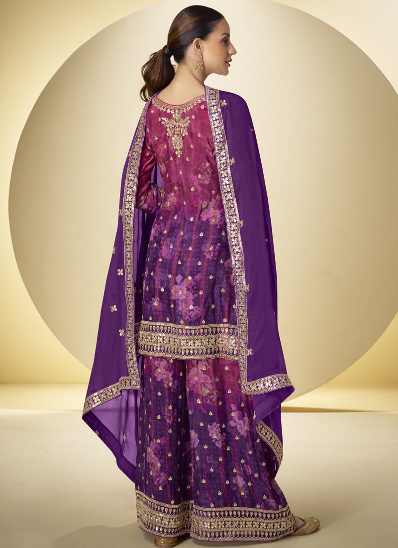 Vegaa Fashion Purple Chinon Digital Print Designer Palazzo Suit