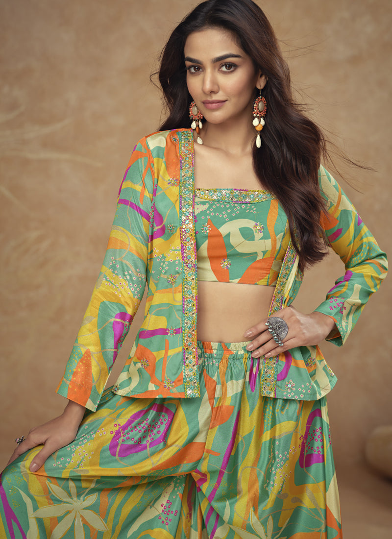 Vegaa Fashion Lime Green Chinon Silk Digital Print Western Suit