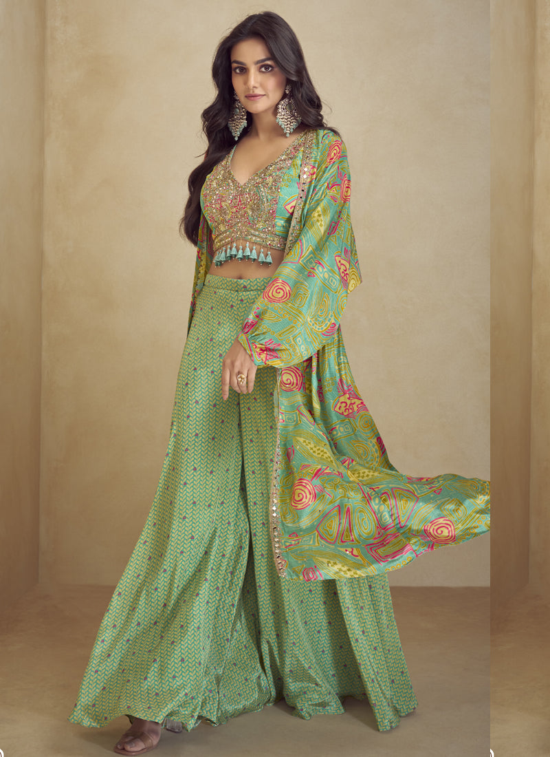 Vegaa Fashion Lime Green Chinon Silk Digital Print Western Suit