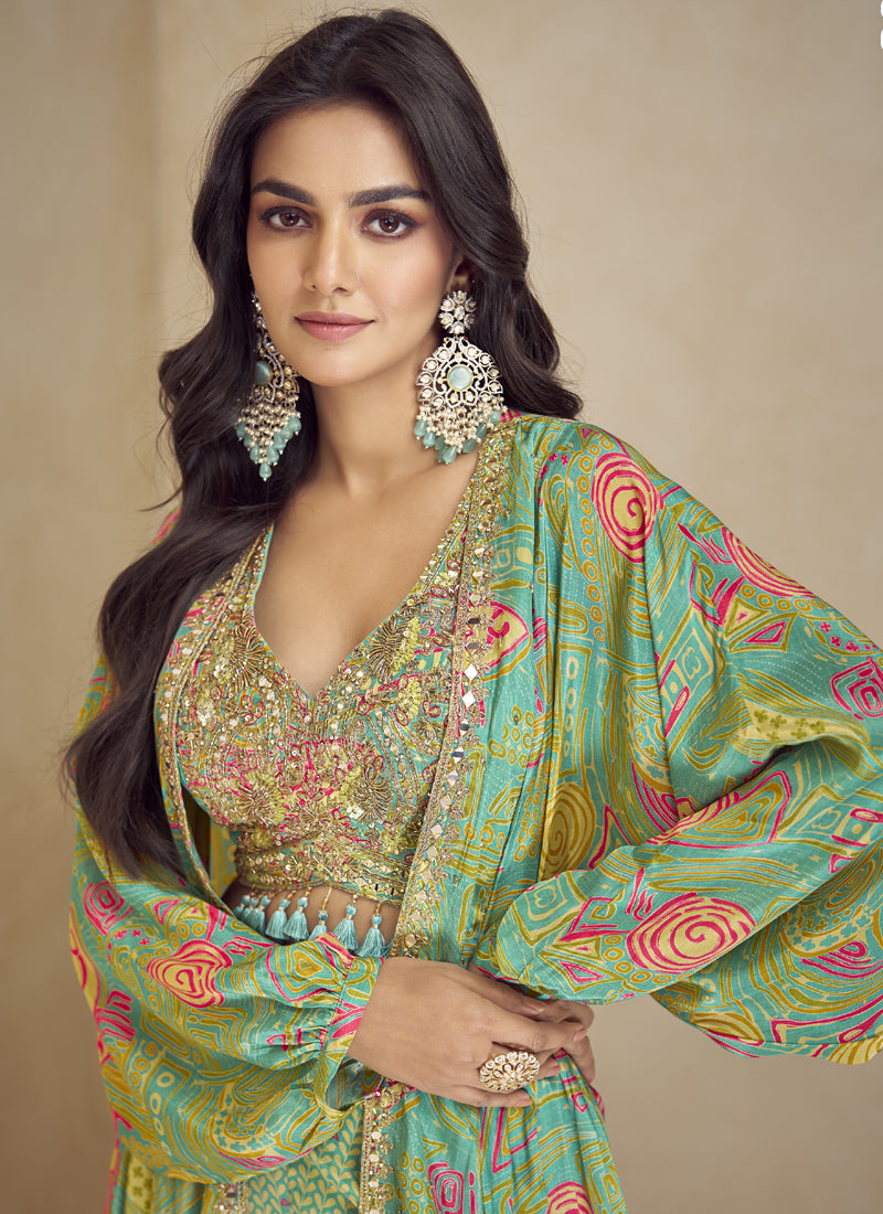 Vegaa Fashion Lime Green Chinon Silk Digital Print Western Suit