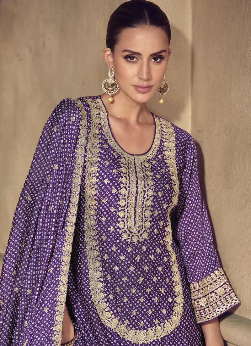 Vegaa Fashion Violet Chinon Silk Embroidered Designer Sharara Suit