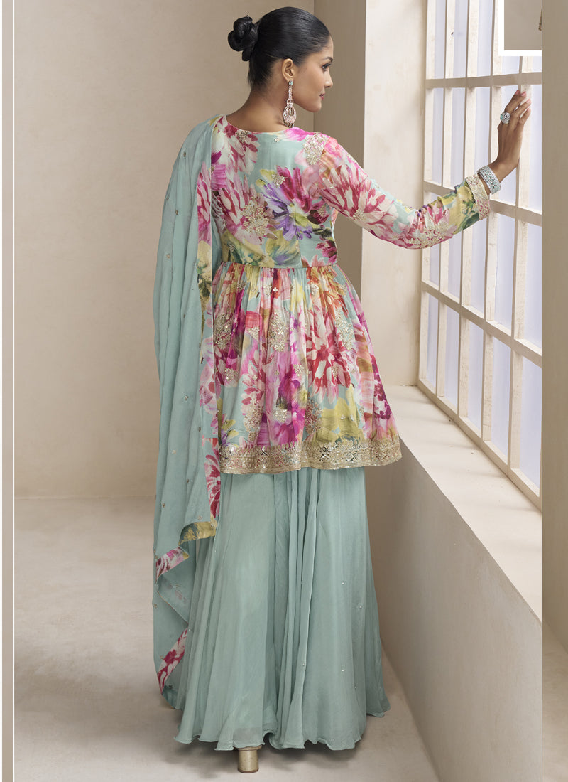 Vegaa Fashion Sea Green Chinon Embroidered Designer Palazzo Suit