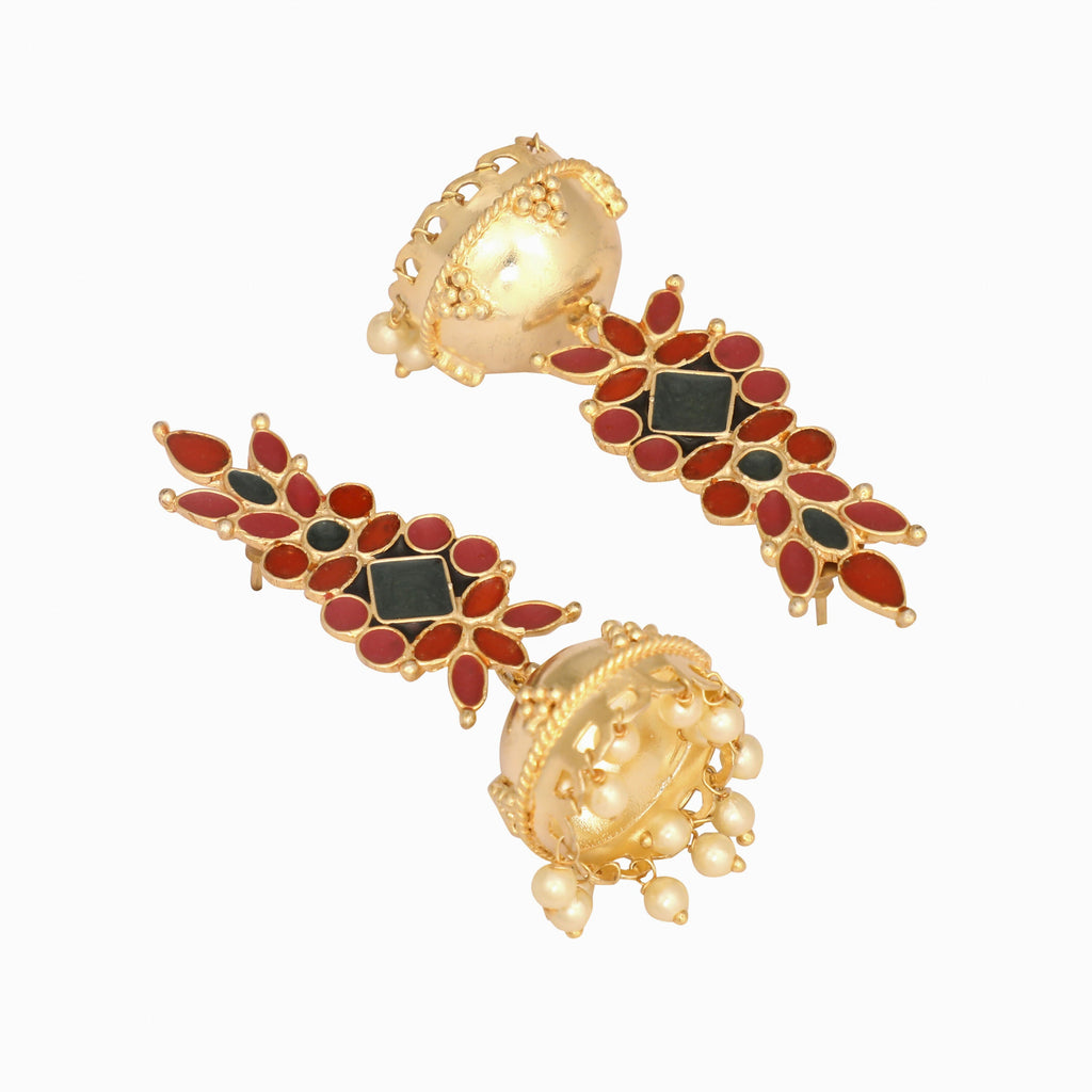 Nuyug 22K Gold-Plated Enamel & Beaded Dome Shaped Jhumka Earrings