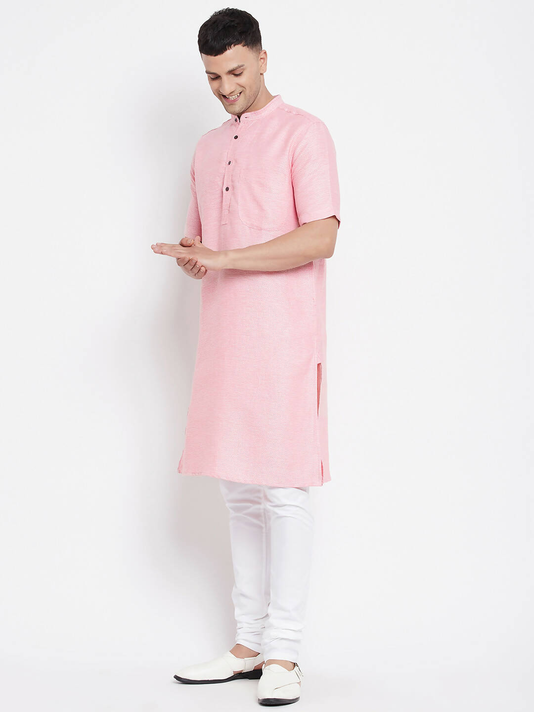 Even Apparels Pink Pure Cotton Men's H/S Kurta With Band Collar