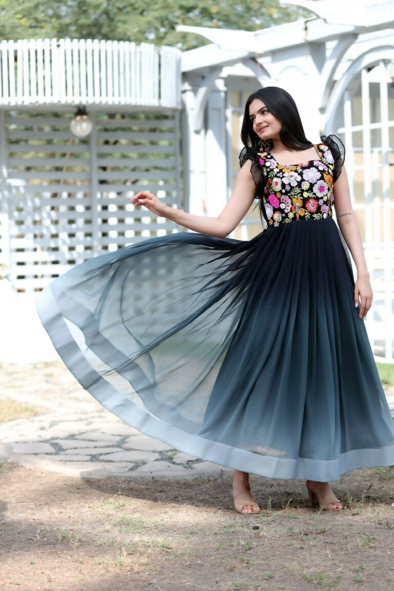 Jyoti Fashion Women's Black Sequins Embroidery Faux Blooming Anarkali Dress