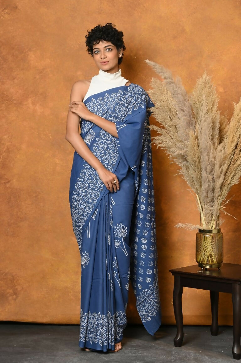 Very Much Indian Handblock Printed Cotton Saree With Natural Dyes - Cyan Blue