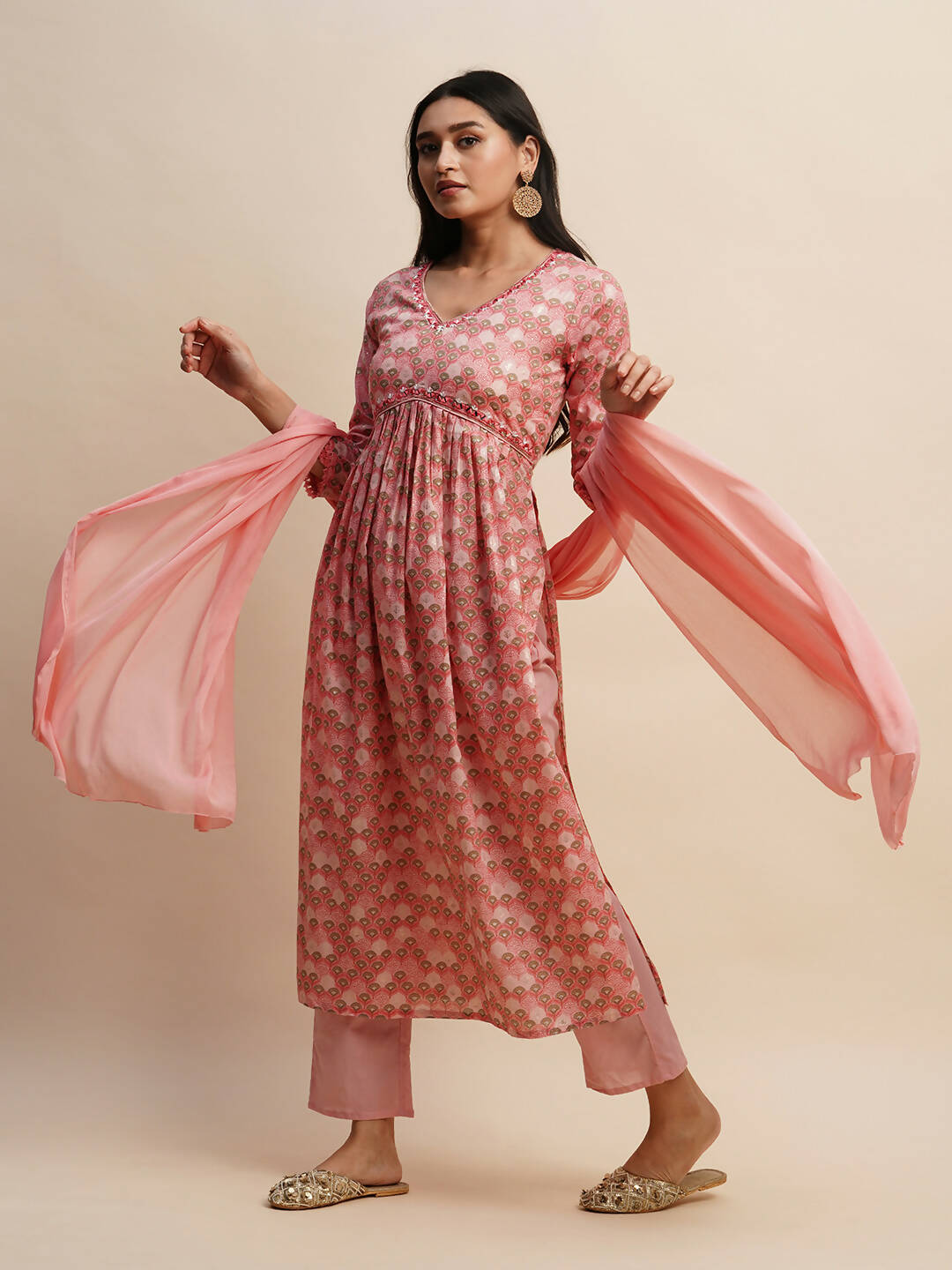 Pink Pure Cotton Floral Printed Naira Cut Kurta And Bottom With Dupatta - Akashara