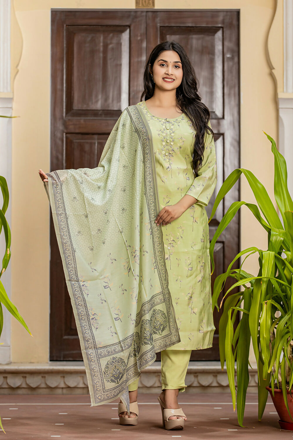 Kaajh Women's Green Printed Modal Silk Suit Set