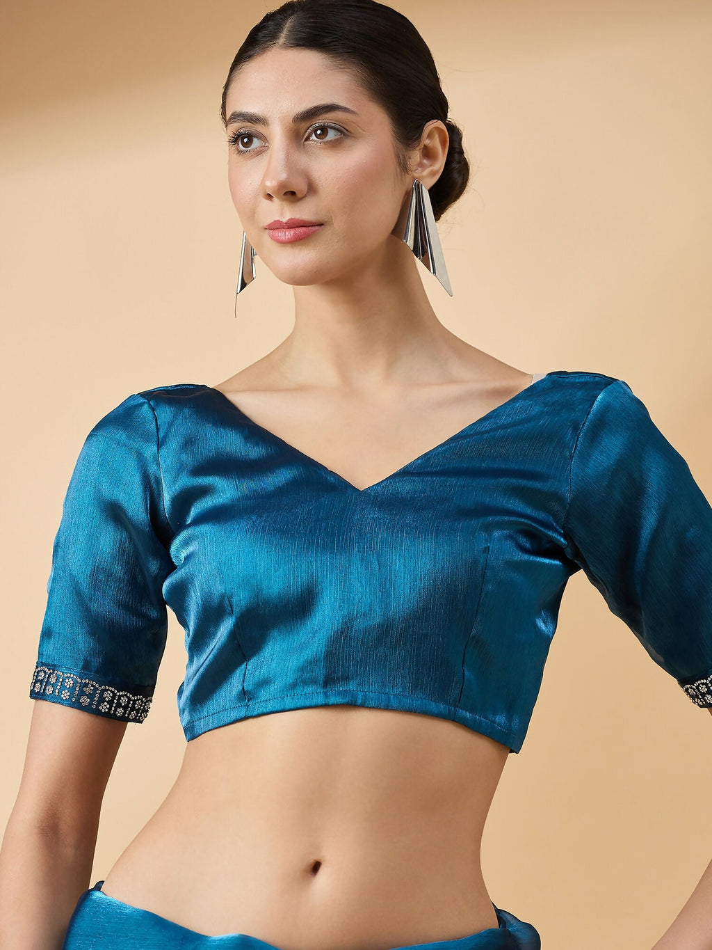 Teal Organza Swaroski Diamond Work Saree with Unstitched Blouse - Radha