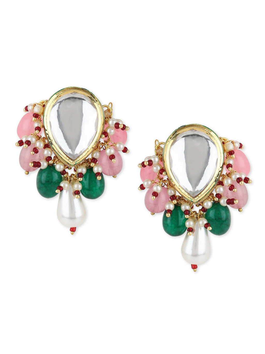 Gold-Toned White Kundan Contemporary Gold-Polished Drop Earrings - Ruby Raang