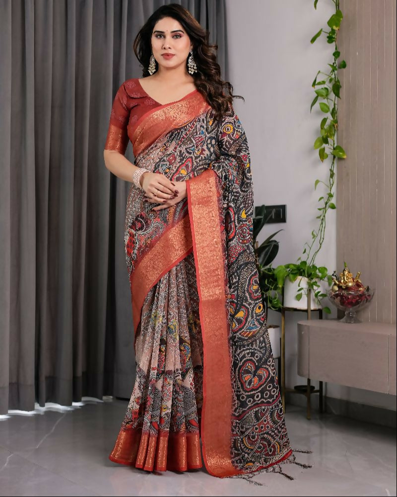 PR Fashion Black Pure Handloom Linen Saree