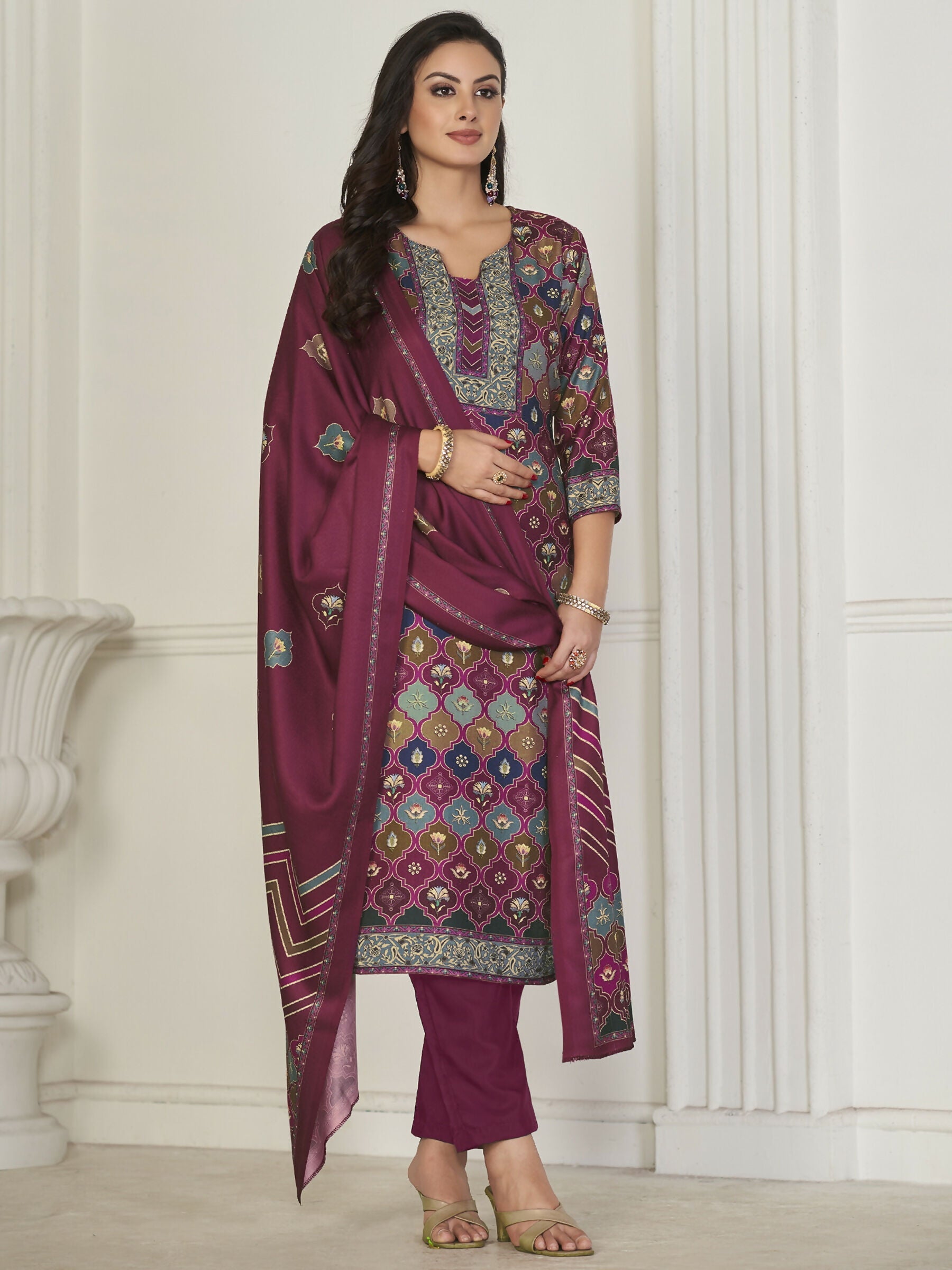Jyoti Fashion Women's Multicolor Pashmina Digital Printed Kurta with Trouser & Dupatta