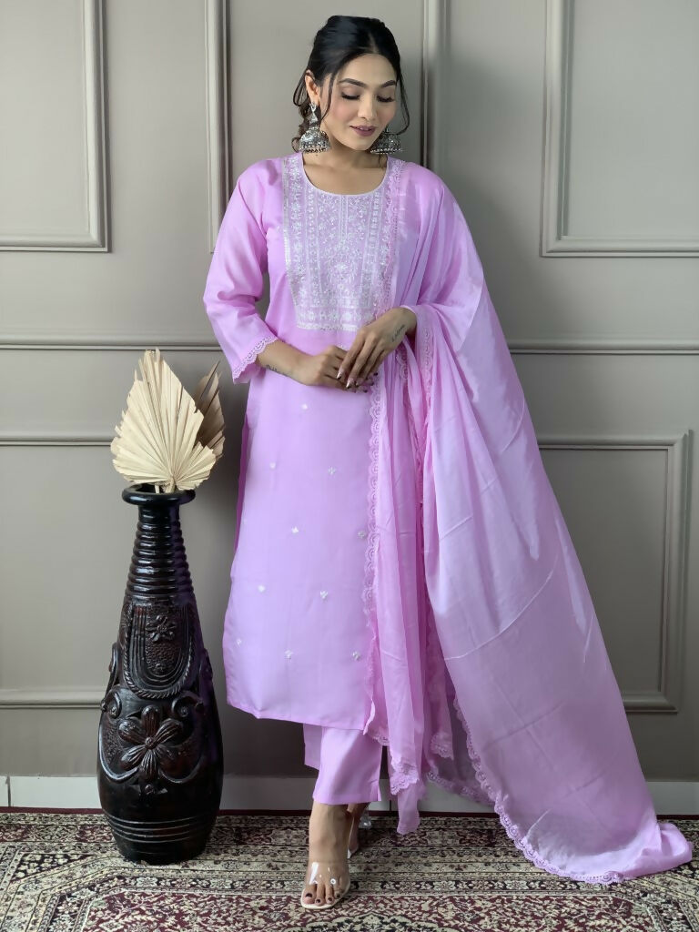 Lavender Viscose Chanderi Stitched Suit With Dupatta - Tanisha