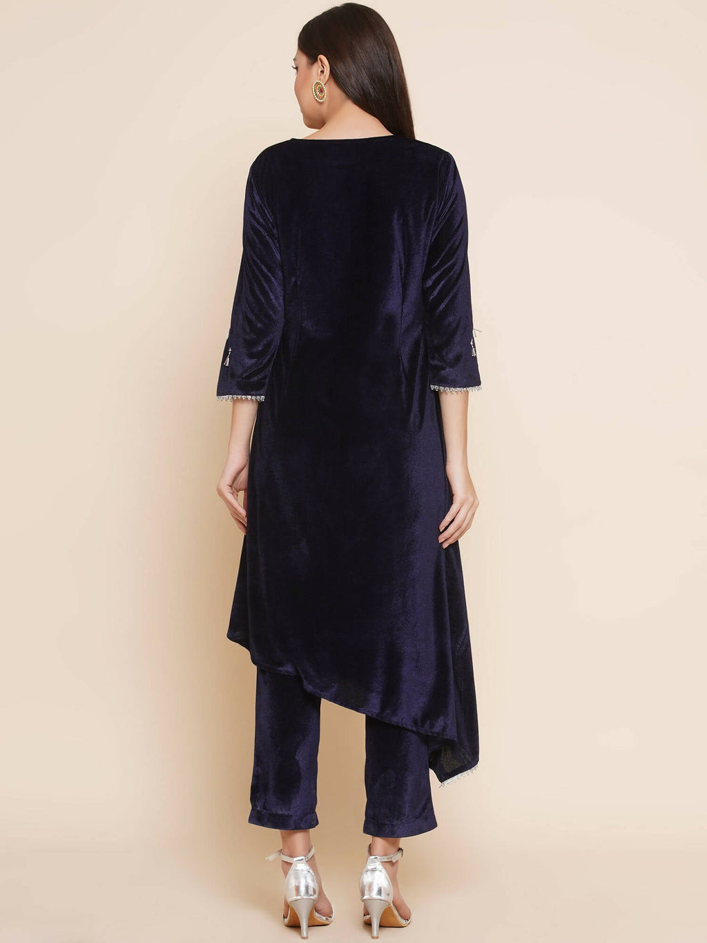 Women Republic Navy Blue Velvet Assymetrical Hand Embellished Kurta With Pants