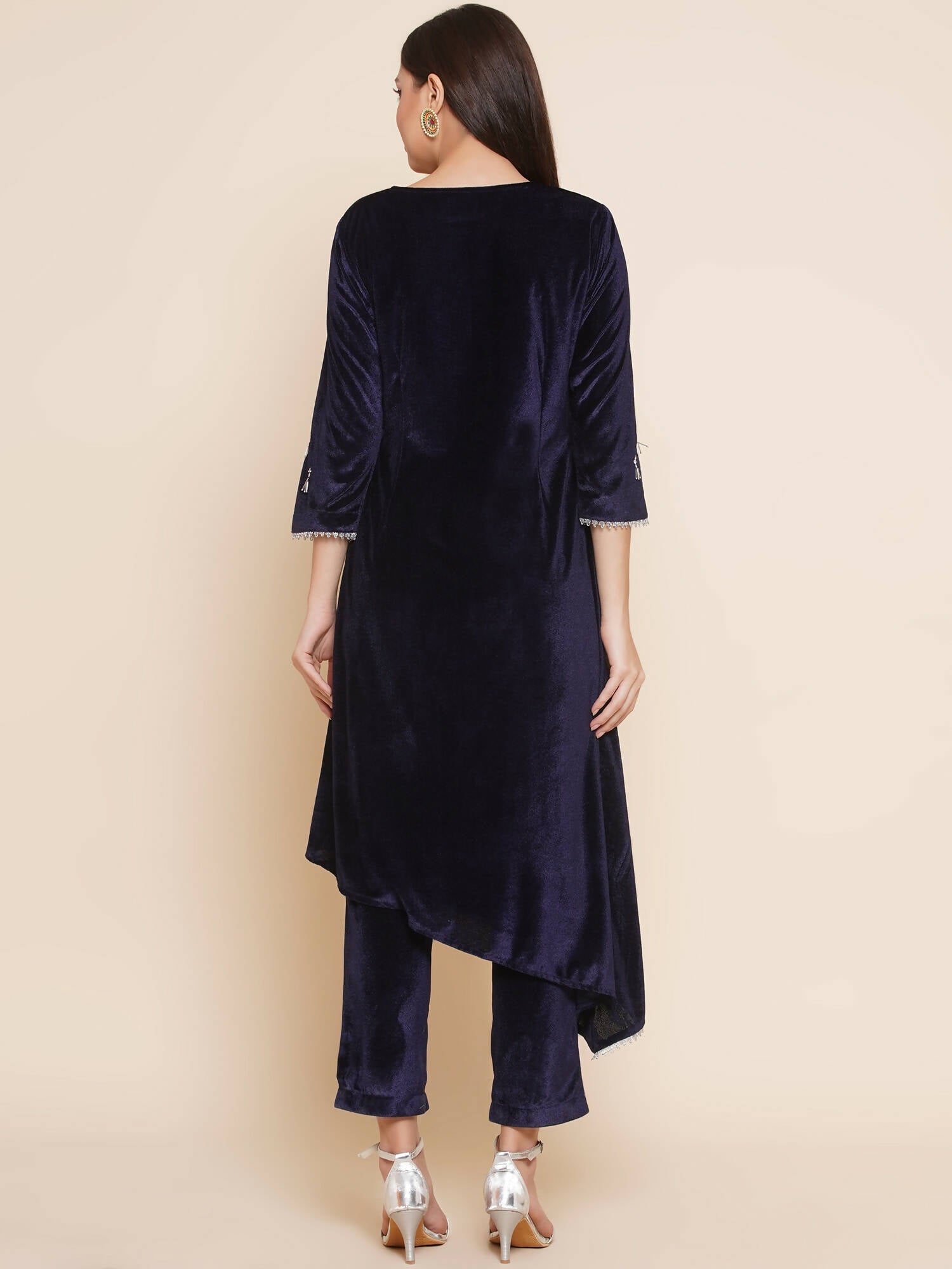 Women Republic Navy Blue Velvet Assymetrical Hand Embellished Kurta With Pants