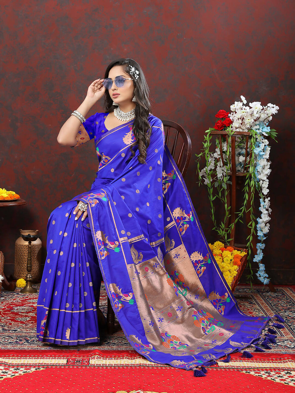 Lorenvalley Fashion Blue Soft Paithani Silk Woven Design Copper Zari Meenakari Weaving Saree