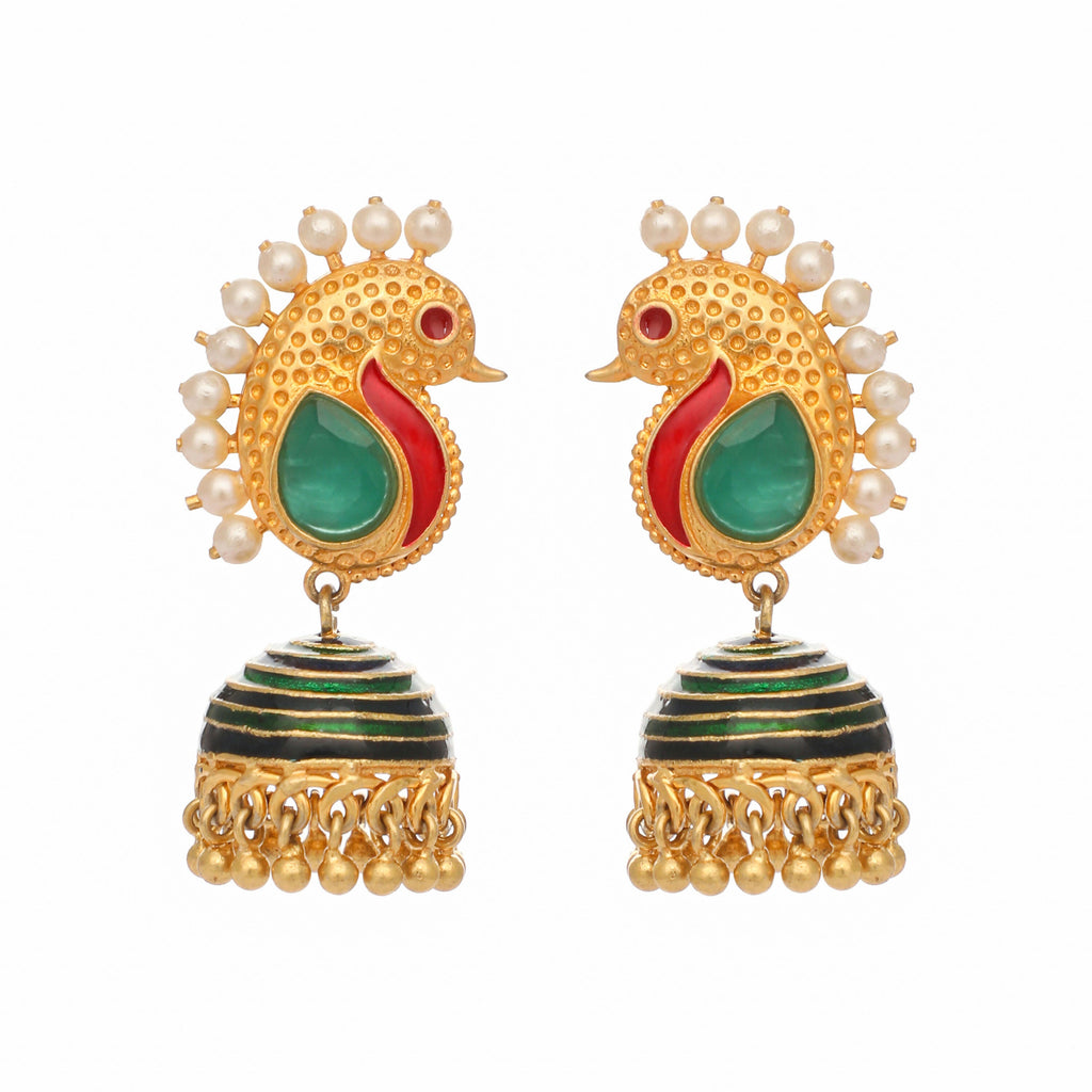 Nuyug 22K Gold Plated Pearls Studded Contemporary Shaped Enamel Jhumkas