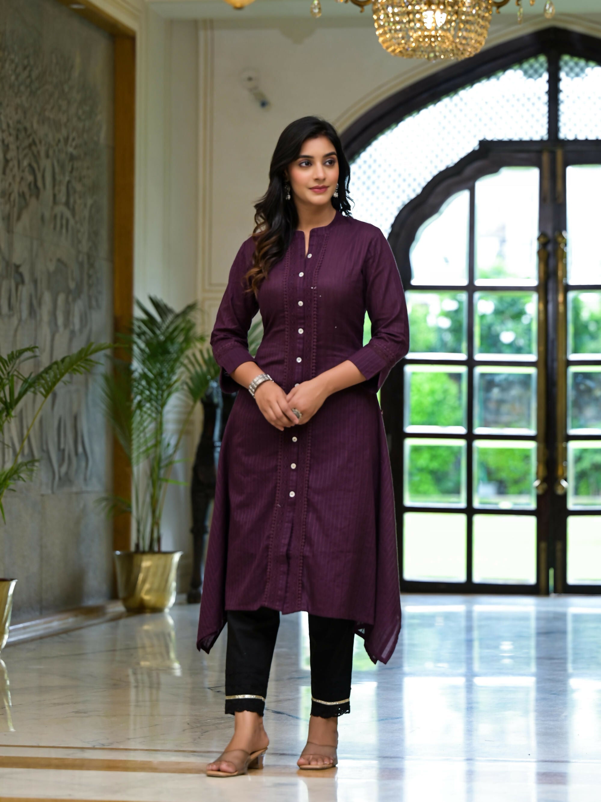 Juniper Women's Plum Thread Embroidered Cotton Asymmetrical Kurta With Button Closure
