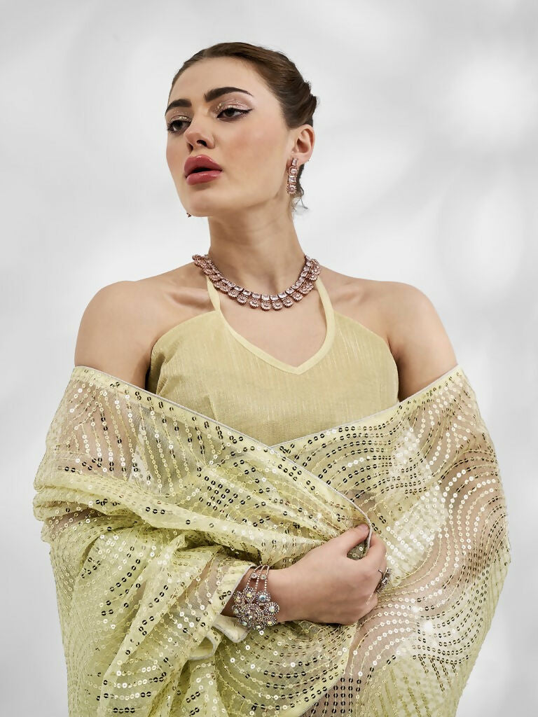Light Green Net Organza Sequance,Thread Embroidery Work Saree with Unstitched Blouse - Vandini