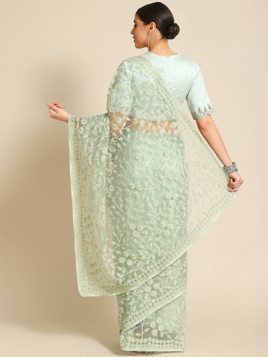 Green Woven Design Net Saree with Blouse Piece - Kalamkari