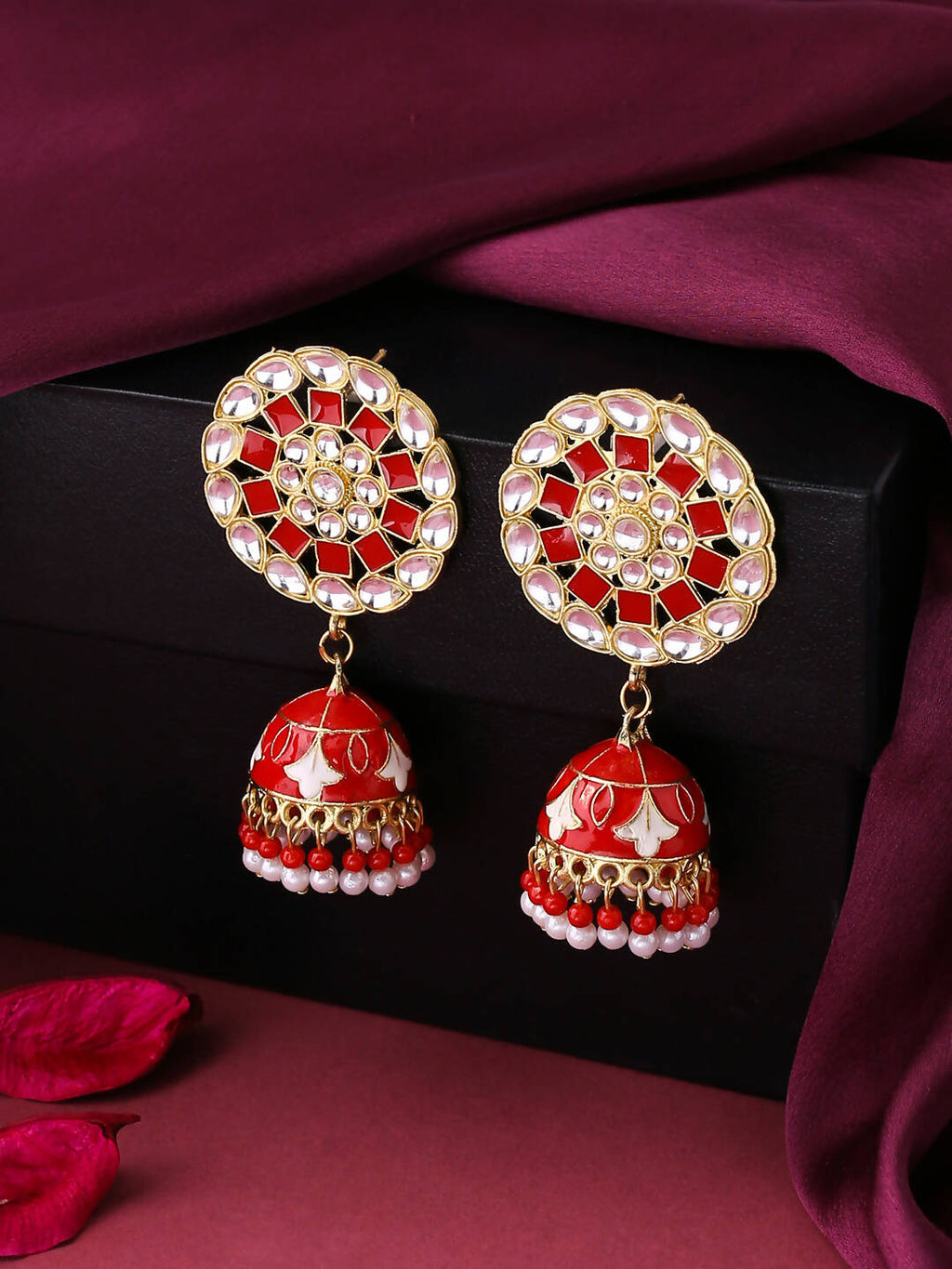 NVR Women Gold-Polished Red Dome Shaped Meenkari Jhumkas Earrings