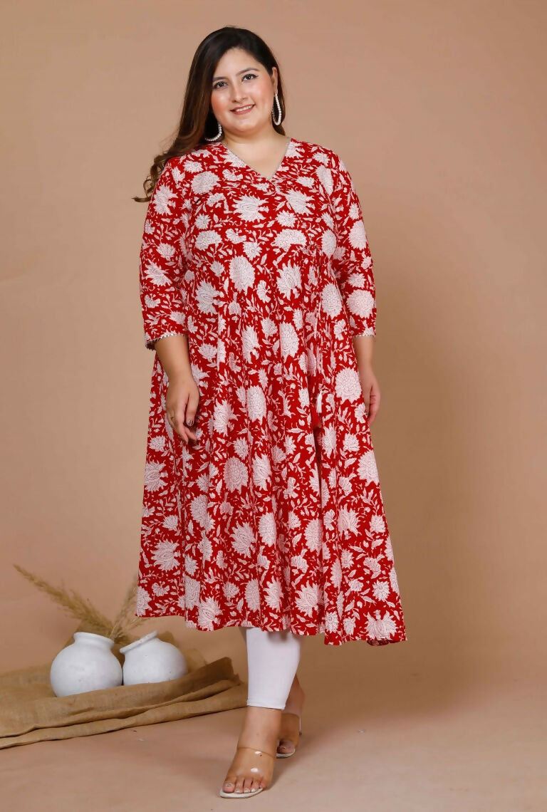 Miravan Women's Plus Size White Floral Printed Pure Cotton Anarkali Kurta And Palazzo Set