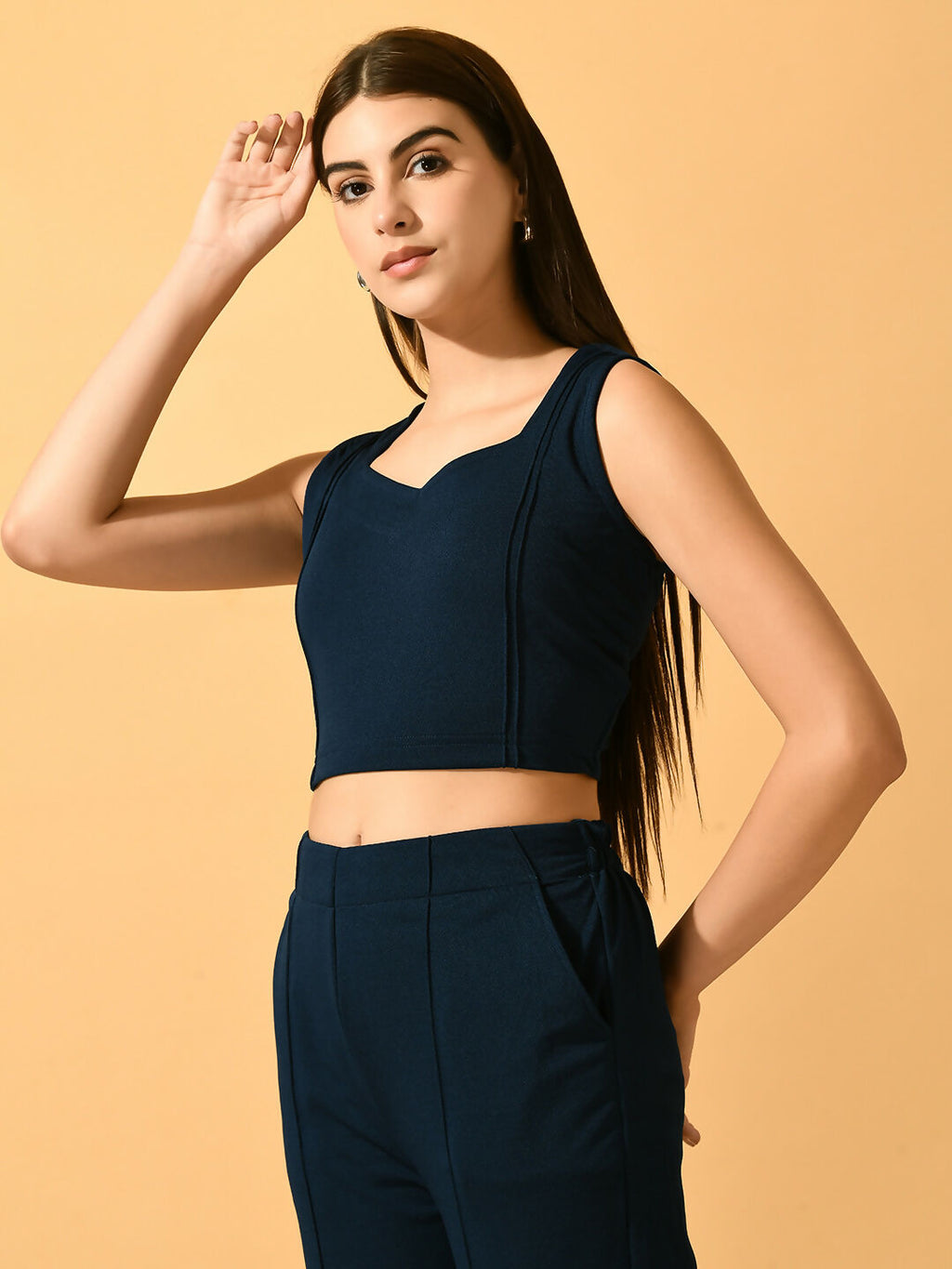 Myshka Women's Navy Blue Solid Top With Trousers