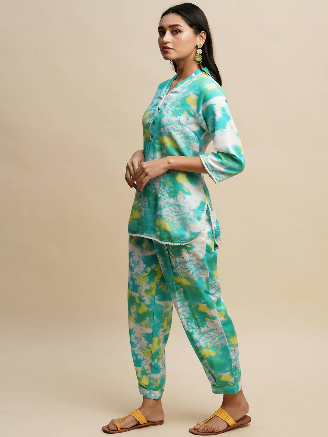 Sky Blue Poly Rayon Tie and dye Printed Top with Matching Trouser - Shivani