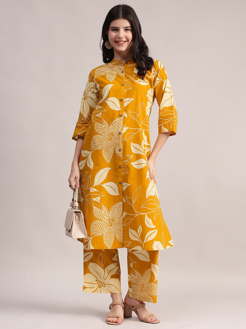 Aavyora Women's Mustard Yellow & White Floral Printed Cotton Co-Ord Set