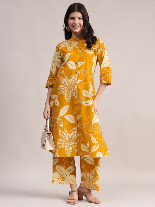 Aavyora Women's Mustard Yellow & White Floral Printed Cotton Co-Ord Set